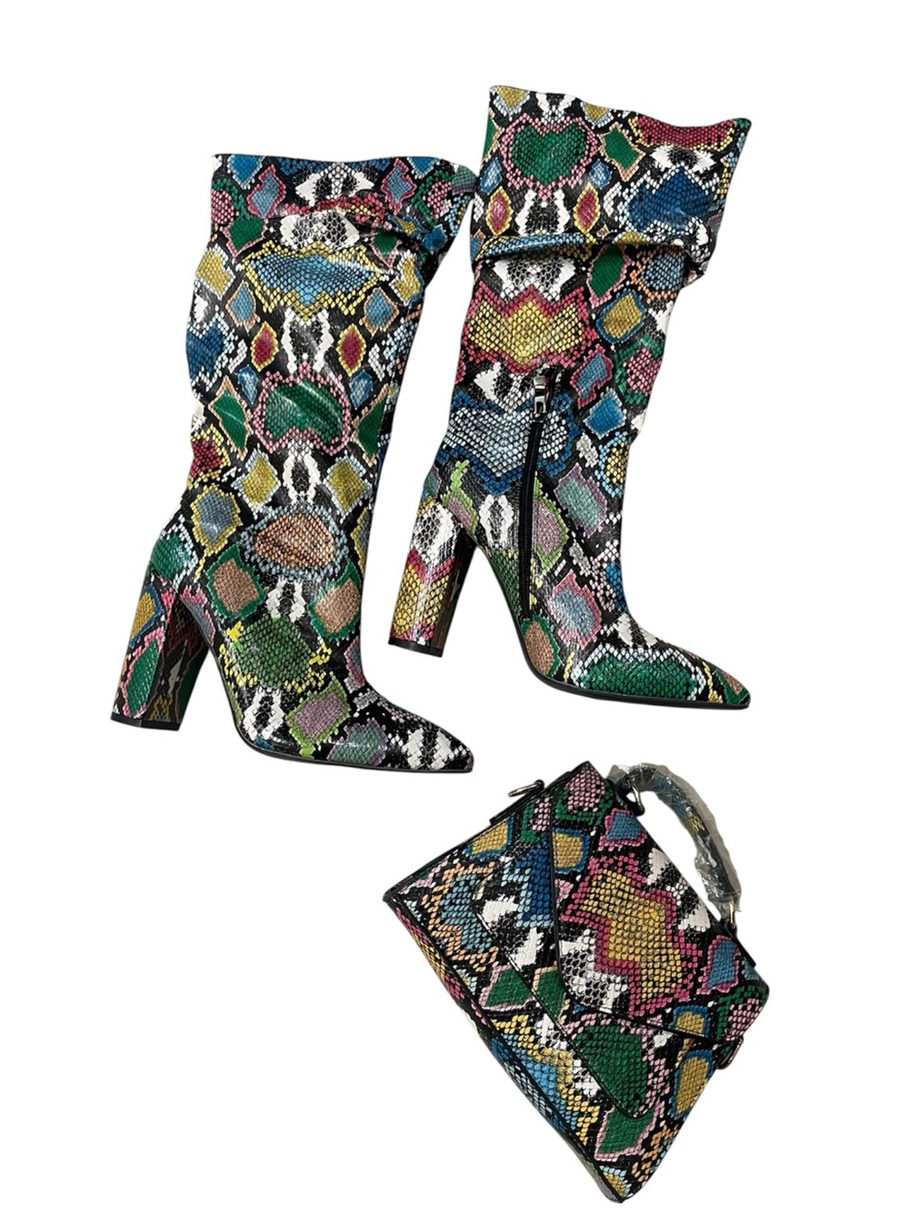 Trendy Retro Style Colorful Snakeskin Boots & Matching Purse Bundle - Picture 2 of 7